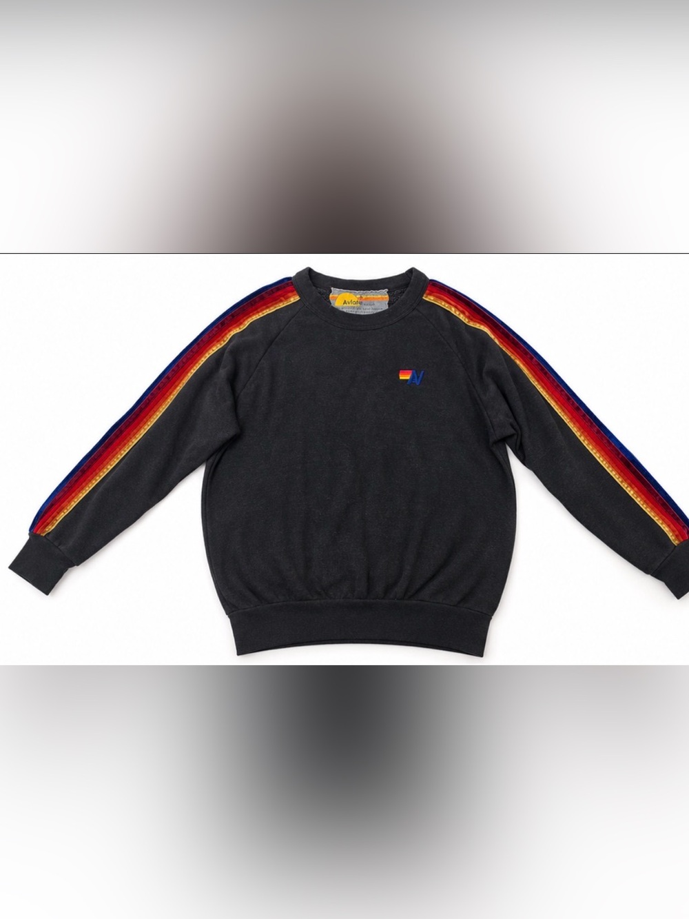 Aviator Nation Black Crewneck Sweater with Rainbow Shoulder Stripes